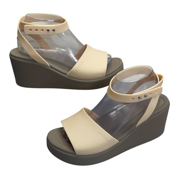 CROCS Brooklyn Ankle Strap Wedge LiteRide Comfort Sandal Beige Brown size 9 - Picture 1 of 16